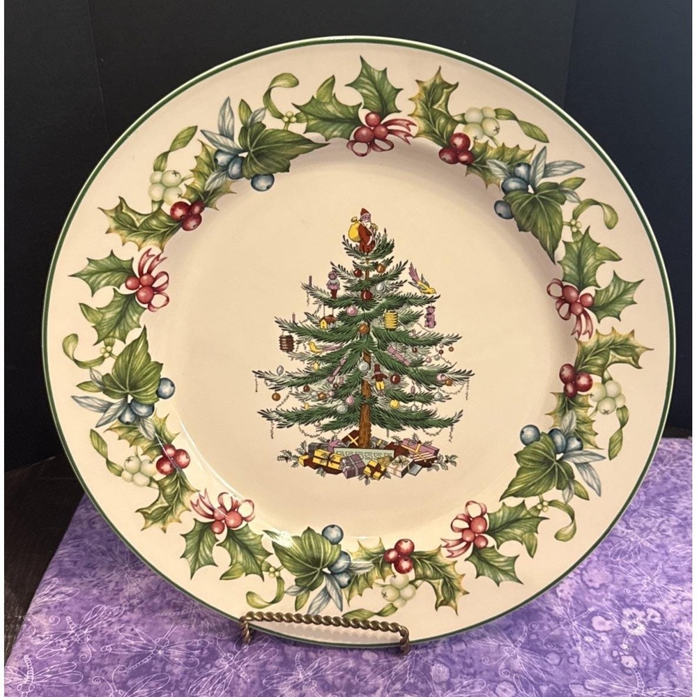 Spode Christmas Tree Holly Juniper Green Trim Round Buffet Plate 13 Inch S3324